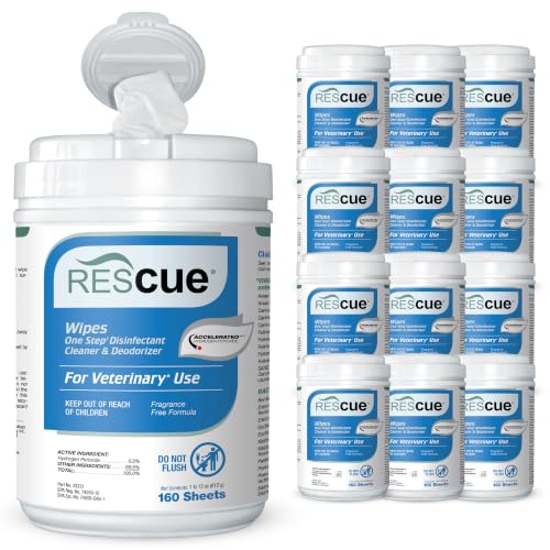 REScue One-Step Disinfectant Cleaner &amp; Deodorizer Wipes for Vet Use – Cleaner for Kennels, Litter Boxes, Vet Offices, Pet Grooming Surfaces – Wipes Canister, 160-Count (12 Pack)