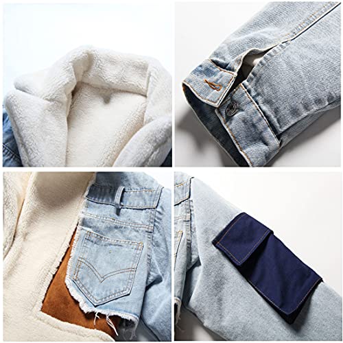 Zontroldy Women'S Winter Faux Fur Patchwork Denim Jacket Crop Warm Color Block Lapel Padded Coat thumb #5