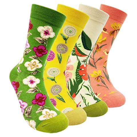Womens Colorful Dress Crew Socks Flower - HSELL Funky Patterned Casual Cotton Socks(Flowers - 4 Pairs) Cover