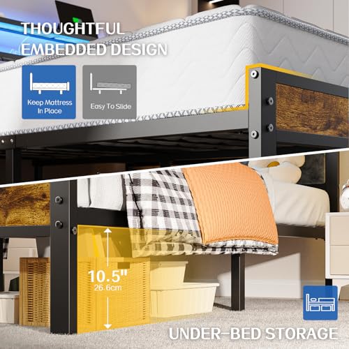 Image of Liians Twin Size Platform Bed Frame with LED Lights, Grey Upholstered Headboard with 2-Tier Storage Shelves, Charging Station, Noise Free, No Box Spring Needed, Easy Assemably