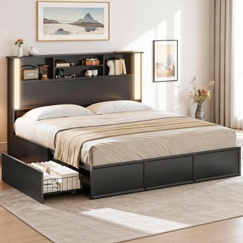 VIAGDO Full Size Bed Frame with Bookcase Storage Headboard and