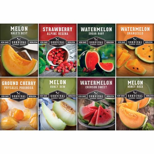 Fruit Seeds for Planting - 8 Variety Pack | Watermelon, Cantaloupe, Melon, Strawberry, Ground Cherry for Home Vegetable Gardens - Non-GMO Heirloom Fruits - Survival Garden Seeds