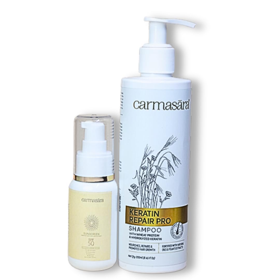 CARMASARA - Keratin Repair Shampoo + Sunscreen SPF 50 PA+++ | Skin and Hair Care | UVA/B & Blue light Protection with Nourish, Repair and Promote Hair Growth | Made with Natural Ingredients