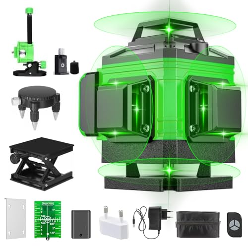 Oamger Nivel Láser Autonivelante 360°, 4 x 360°, 4D 16 Líneas, IP54 Impermeable, Verde, Laser, con Control Remoto y 2 Baterías 2600 mAh