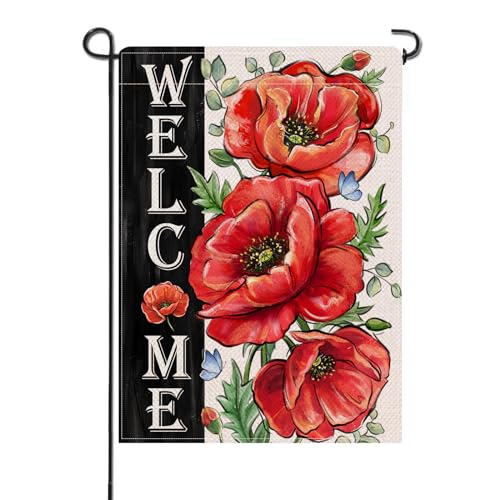 Artofy Welcome Spring Poppy Flower Small Decorative Garden Flag, Red Floral Eucalyptus Leaves Butterfly Yard Lawn Outside Decor, Summer Farmhouse Burlap Outdoor Home Decoration Double Sided 12 x 18