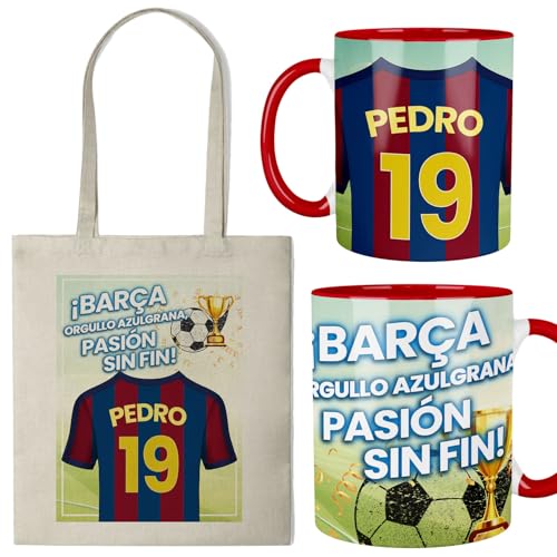Kembilove® Taza + Bolsa Personalizada de Fútbol | Diseño Azulgrana “Barcelona Orgullo Azulgrana” con Nombre y Número | Regalo Original para Niños, Niñas y Adultos Aficionados al Fútbol