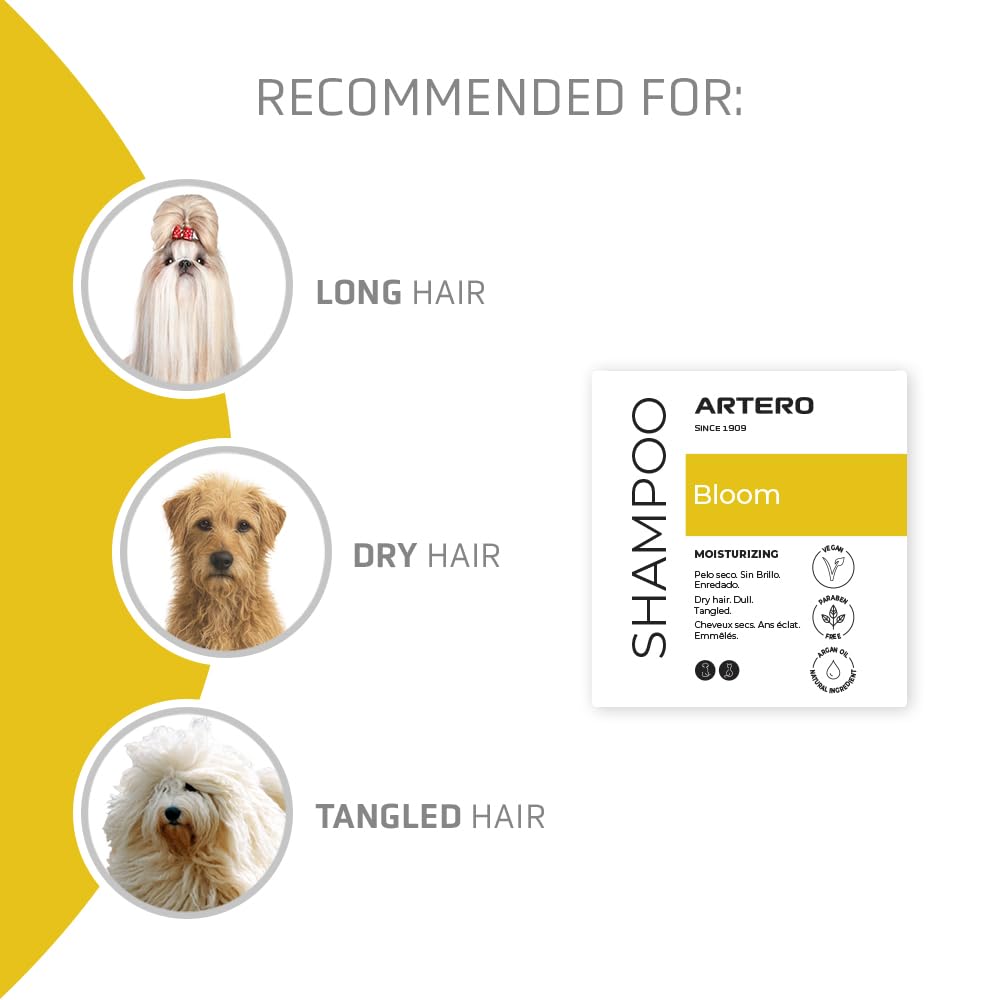 Artero Bloom Hundeshampoo mit Arganöl, ideal für Hunde mit langem Haar, trocken oder geschädigt, verleiht Glanz, Geschmeidigkeit und Nährung, ohne die Haut auszutrocknen. Super feuchtigkeitsspendend.