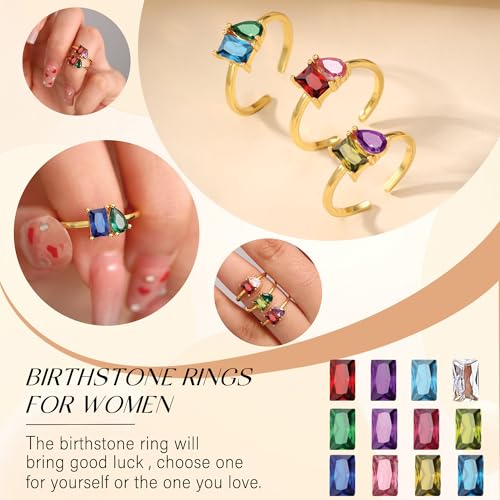 Birthstone Rings for Women Non Tarnish Gold Rings Mothers Day Gifts Birthday Gifts for Teen Girls Dainty 14K Plated Adjustable CZ Stacking Promise Ring Christmas Stocking Stuffers Anniversary Jewelry for Friend Sister Girlfriend Mom