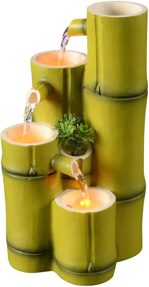 Haobos Tiered Bamboo Appearance Column Tabletop Fountain Relaxation Desktop Waterfall Fountain, 10.6 Inch Tall Simulation Natural Bamboo Cascading Fountain Decorate for Home/Office