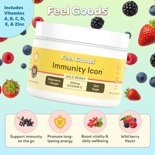 Image of Feel Goods Immunity Icon, Vitamin C Immune Support Powder, 30 Servings | Immunity Plus, 500mg Vitamin C, Elderberry, Ginger, Turmeric, Vitamins for Immune Health, Sugar-Free, Caffeine-Free Drink Mix