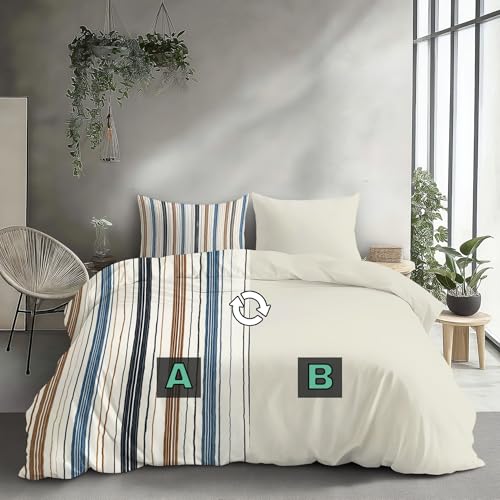 Housse de Couette 140x200cm Microfibre Réversible à Rayures Géométriques avec Fermeture Éclair