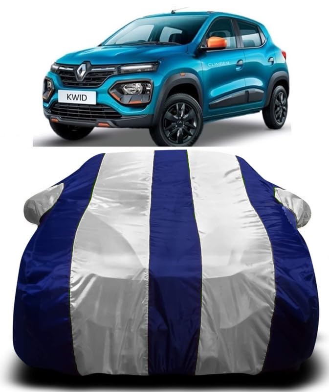 MAVENS Waterproof Car Body Cover All Accessories Compatible for Renault Kwid with Mirror Pocket Uv Dust Proof Protects from Rain and Sunlight | White Stripes
