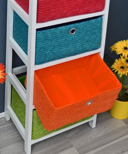 ts-ideen Kommode Regal in Weiß mit 4 Rattan Körben in Orange Grün Blau und Rot - 7