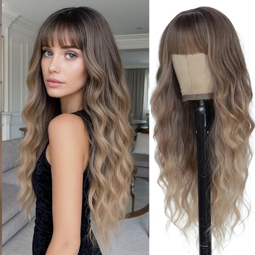 Long Blonde Wigs with Bangs 26Inch Wavy Curly Hair for Women Tangle Free Soft Natural Looking Premium Heat Resistant Protein Fiber Daily Party Use