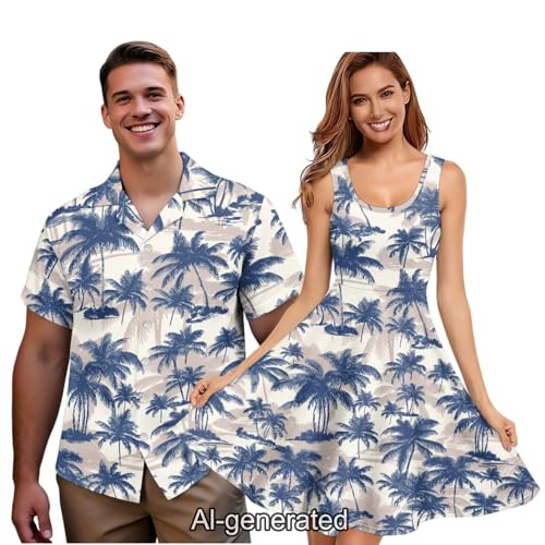 Image of Dreaweet Summer Dresses for Women A-Line Sleeveless Flowy Sun Dresses,Men's Casual Button-Down Shirts,Couple Matching Outfits