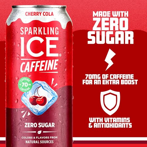 Image of Sparkling Ice Caffeine Soda Shoppe Cherry Cola Perfectly Caffeinated Sparkling Water with 70mg Caffeine, Zero Sugar, with Antioxidants and Vitamins, 16 fl oz Cans (Pack Of 12)
