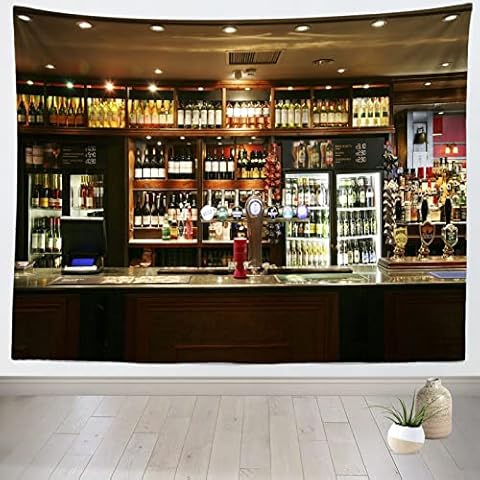 CORFOTO Fabric Luxury Bar Tapestry Wall Hanging Urban Pub Interior Wall Tapestry Drinking Alcohol Bottles Wine Rack Tapestry for Living Room Evening Party Bar Decor Modern Counter Tapestry 60x50 in Cover