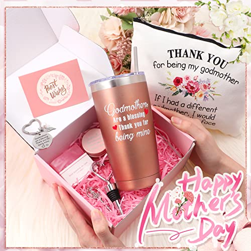 Novel Godmother Gift Set, Thanks For Being My Godmother Spa Tumbler Relaxation Basket Including 20 Oz Insulated Vacuum Mug Tumbler With Lid Straw Brush Godmother Keychain Makeup Bag (Heart) #TOP5