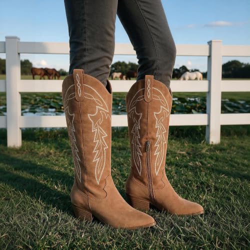 Image of LISYIIZ Women's Cowboy Boots, Knee High Western Pointed Toe Boots | Classic Western Style, Knee High Shaft, Pointed Toe, Western Embroidery, Block Heel, Side Pull Tabs, Pull On Construction