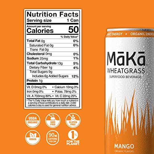 Maka Wheatgrass Yerba Mate Tea Organic Sparking Beverage, Mango, 12 Fl Oz (Pack Of 12), 90Mg Caffeine Energy #TOP2