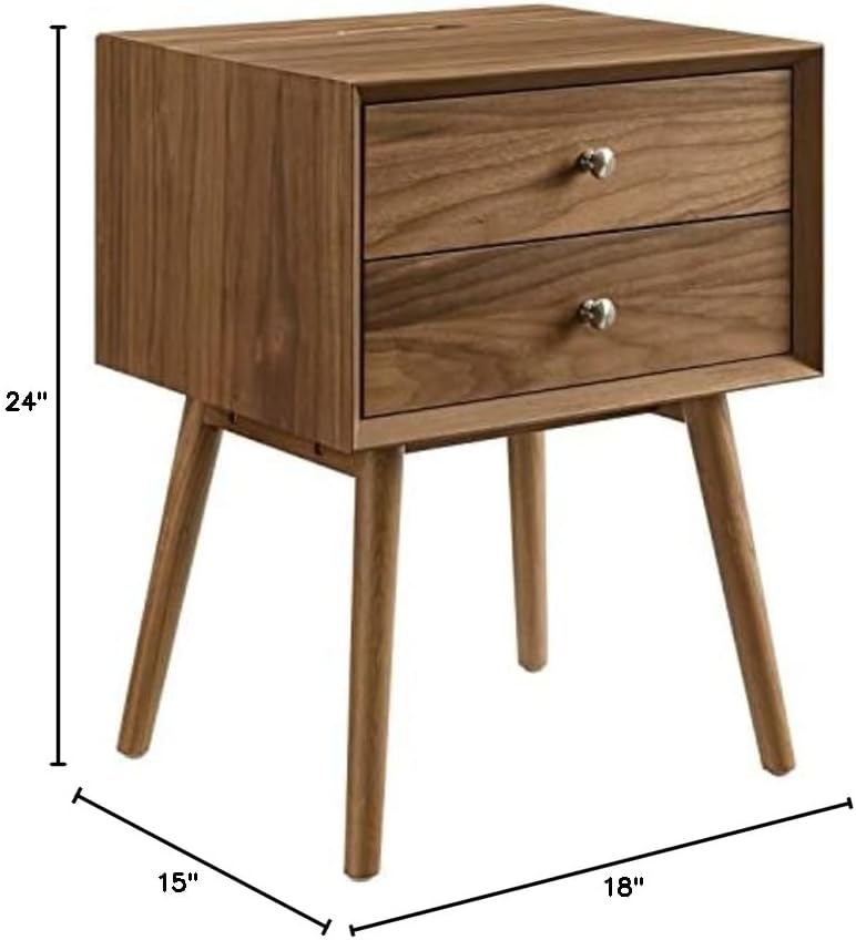Walnut Wood Mid-century Modern Nightstand with USB Ports