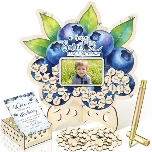 Image of Wenqik 63 Pcs Blueberry a Berry Sweet is on The Way Baby Shower Guest Book Alternatives Set Baby Shower Decorations with Photo Frame Sonogram Frame Keepsake 60 Wood Slices Guest Book for Birthday