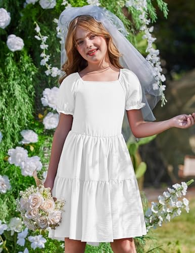 Arshiner Girls Summer Dress Tie Back Short Sleeve Square Neck Tiered Midi Casual Dresses with Pockets2