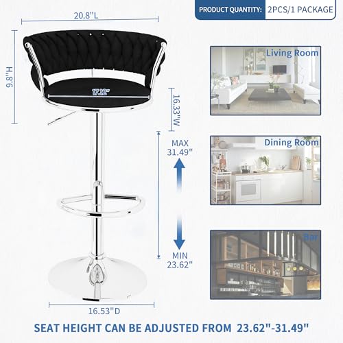 Image of Lamerge Velvet Bar Stools Set of 2,Swivel Bar Chairs Counter Adjustable Height Barstools with Back & Footrest,Upholstered Kitchen Island Chairs for Pub(2PCS Black)