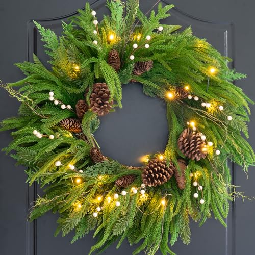 Pinkpuii Prelit Christmas Wreaths for Front Door 24 Inch- Real Touch Norfolk Pine Wreath with Lights,Green Evergreen Outdoor Xmas Wreath with Natural Pine Cones and Berries for Farmhouse Home Decor