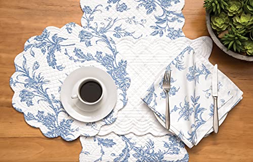 C&F Home Bleighton Blue Toile Cotton Quilted Table Runner Reversible Elegant Blue & White Floral Machine Washable Runner Blue #TOP2