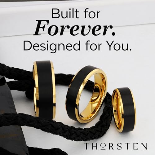 Thorsten Gaston Gold-Plated Tungsten Carbide Mens Wedding Ring – Flat Black Matte Brushed Inlay with Comfort Fit – Durable, Elegant Mens Wedding Band or Engagement Ring4