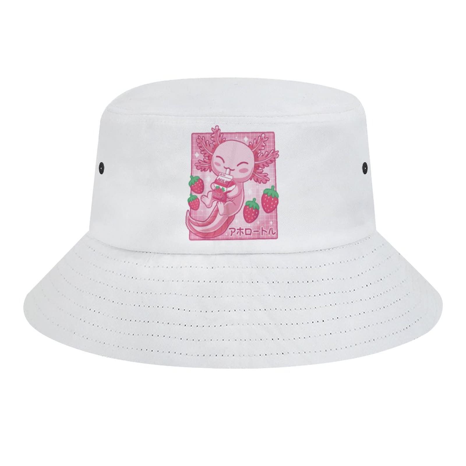 Axolotl Strawberry Bucket Hat Unisex Travel Sun Fisherman Hats Summer Beach Lightweight Outdoor Cap for Men Women Boys Girls Kids