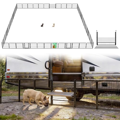 Image of FXW Instant Dog Playpen with RV Step Grid for RV Camping, 24 inch H, 48 Panels | Quick-Setup & Heavy-Duty Play Yard, Helps Close Stair Gaps, Fits 30 inch RV Step Opening, For Puppies & Small Dogs, Patented