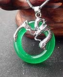 White Gold Plate CHINESE Green JADE Pendant Circle Dragon with chain 101539