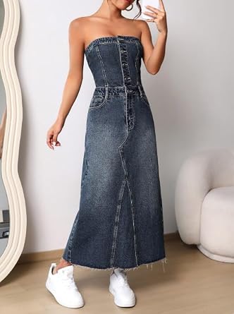 utcoco Denim Dress for Women Sexy Strapless Denim Tube Tops Back Smocked Jean Dresses for Women 2025