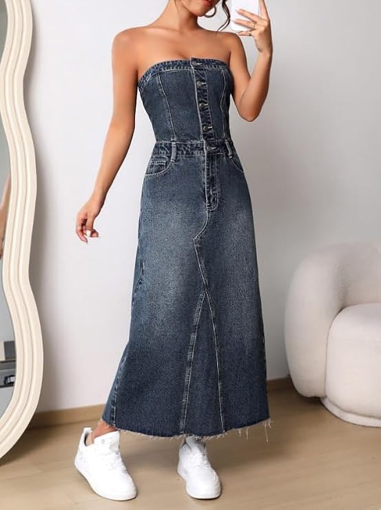 utcoco Denim Dress for Women Sexy Strapless Denim Tube Tops Back Smocked Jean Dresses for Women 2025