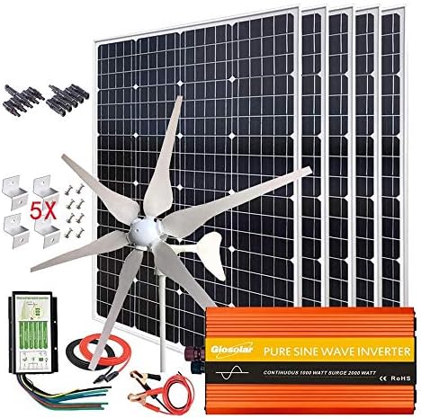1000W Solar & Wind Power Kits Home Off-Grid System for Charging 12V Battery：400W Wind Turbine Generator + 600W Mono Solar Panel + Hybrid Charge Controller+ 1000W 12V Inverter+Accessory