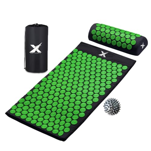 XN8 Yoga Acupressure Mat Pillow Set Acupoint Acupuncture Reflexology Mat for Massage-Pain Relief-Stress Reduction-Therapy-Relaxation with Carrying Bag and Strap(Black/Green)