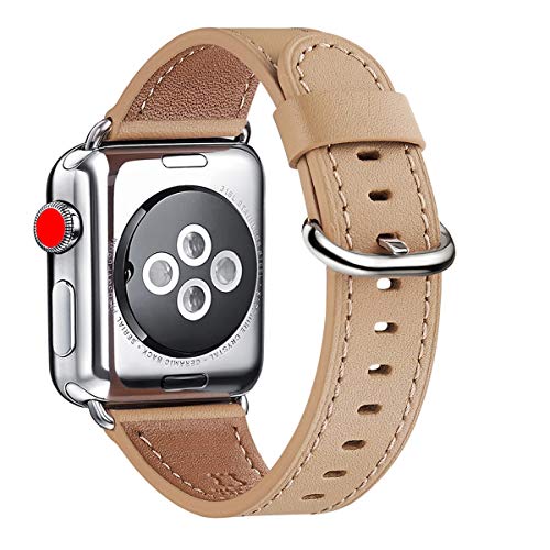 WFEAGL Compatible Apple Watch Band 38mm, Top Grain Leather Band Replacement Strap with Stainless Steel Clasp for iWatch Series 3,Series 2,Series 1,Sport, Edition (Camel Band+Silver Buckle)