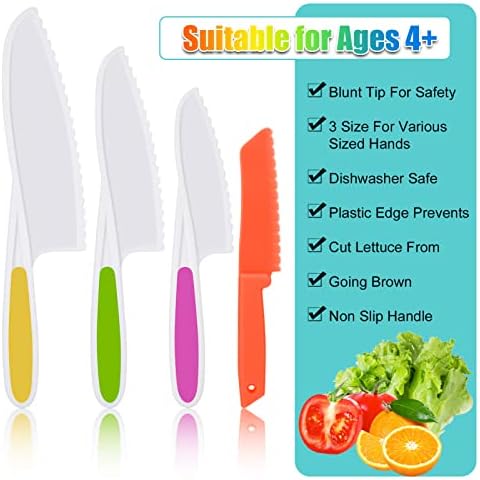 AKlamater 5PCS Kitchen Safety Knives for Kids, Children's Cooking Knives in 4 Sizes, Plastic Cutting Board Grip Serrated Edges for Vegetables Fruits Salad Cake (Orange)