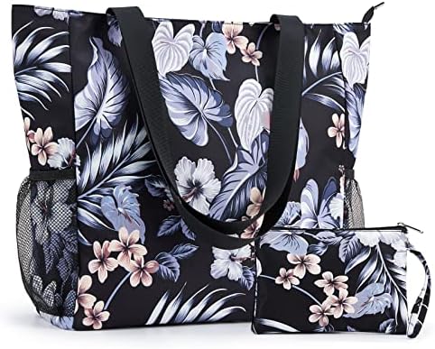 KALIDI Large Floral Tote Bag Beach Bag Water-resistant Handbags Shoulder Bags with Zipper and Accesseries Pouch/Purse for Wowmen Girls Travel School Work Shopping