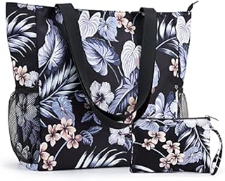 KALIDI Large Floral Tote Bag Beach Bag Water-resistant Handbags Shoulder Bags with Zipper and Accesseries Pouch/Purse for Wowmen Girls Travel School Work Shopping