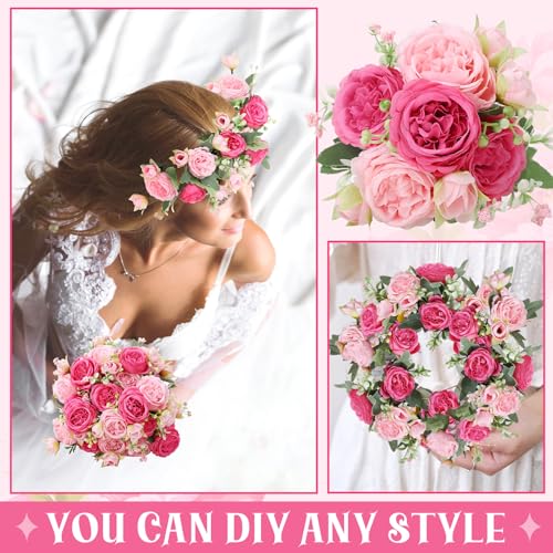 Image of 8 Pack Pink, Hot Pink Peonies Artificial Flowers, Fake Silk Hydrangea Bouquet for Bridal Wedding Home Table Decor Reusable Dining Opening Ceremony Birthday Arrangement Faux Floral
