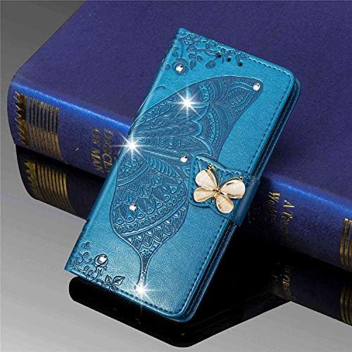 Reevermap iPhone 12 Case Glitter iPhone 12 Pro Case Crystal Flip PU Leather Phone Cover for iPhone 12/12 Pro, Shockproof Wallet Card Slots Butterfly Gems Bling Magnetic Kickstand, Blue