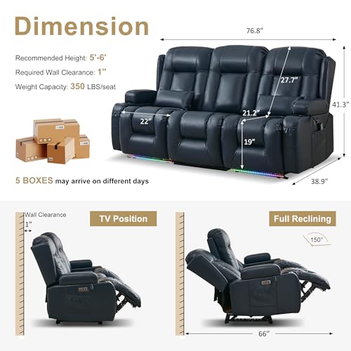 Image of URRED Power Loveseat Recliner Sofa with Massage and Heat, Wall Hugger Reclining Loveseat with Console, RV Couch Home Theater Seating with LED Lights for Living Room (Dark Blue, 76.8 inch - 3 Seats)