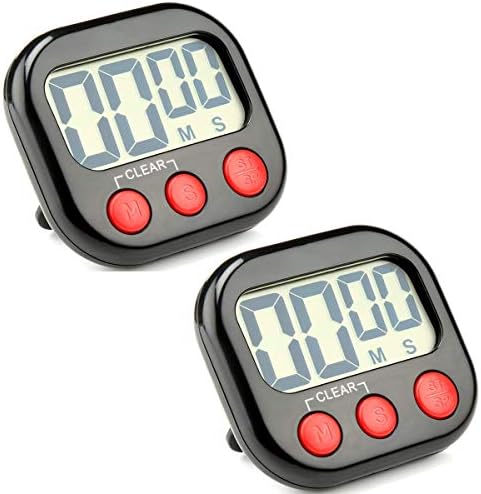 2 Pack Digital Kitchen Timer Big LCD Screen Loud Alarm Strong Magnetic Back and Stand Minute Seconds Count Up Countdown and Simple Operation for Homework Game Exercise Kids Cooking Timers (Black+Red)