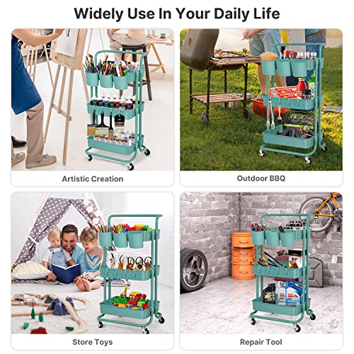 E&D Furniture 3 Tier Rolling Storage Cart With Wheels, Utility Art Craft Supply Cart Organizer On Wheels, Multipurpose Adjustable Makeup Cart Hair Salon Trolley With Handle & Hanging Cups #TOP5