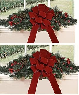 Set of Two Christmas Window Swags with Red Velvet Ribbon