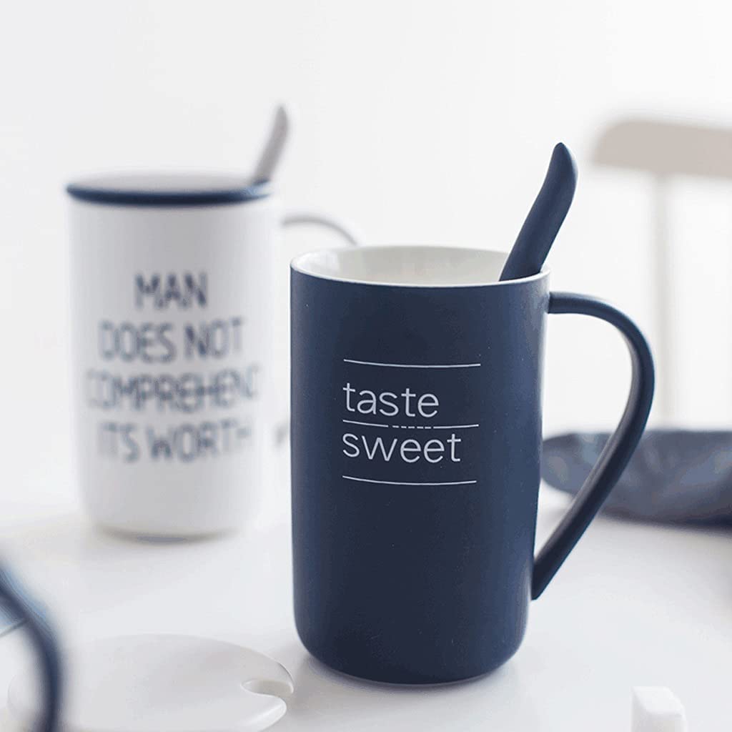 Tasse Kaffeebecher Creative Slogan Kaffeetassen-Löffel-Set Mit Deckel, Große Keramik-Kaffeetasse, Multifunktionale Teetasse Teetasse Kaffeetassen (Color : B-White, Size : 450ml)