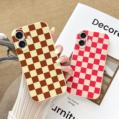 Skyseaco Compatible with iPhone 16 Case Cute Checkerboard Checkered Pattern Design Soft Slim TPU Phone Case Shockproof Full Camera Protection for Women Girls - Yellow&Brown by Skyseaco - Image 7
